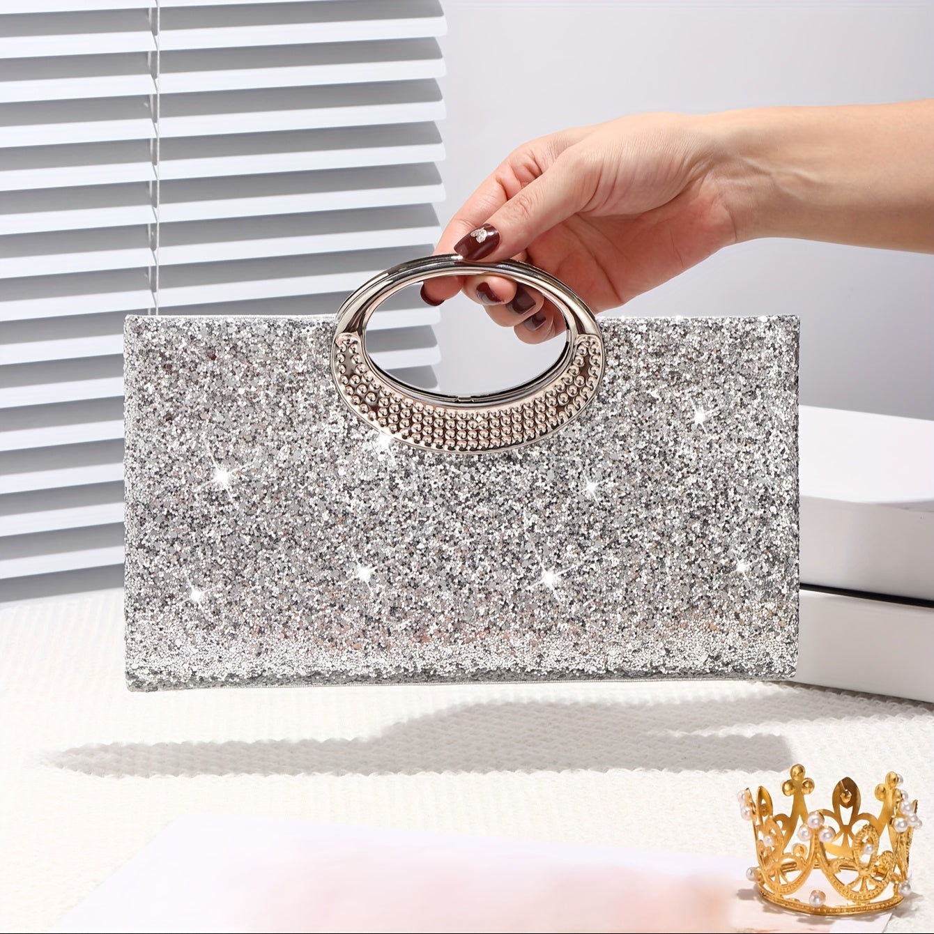 Sequin Evening Handbag Clutch with Golden Accents for Weddings Parties Dances