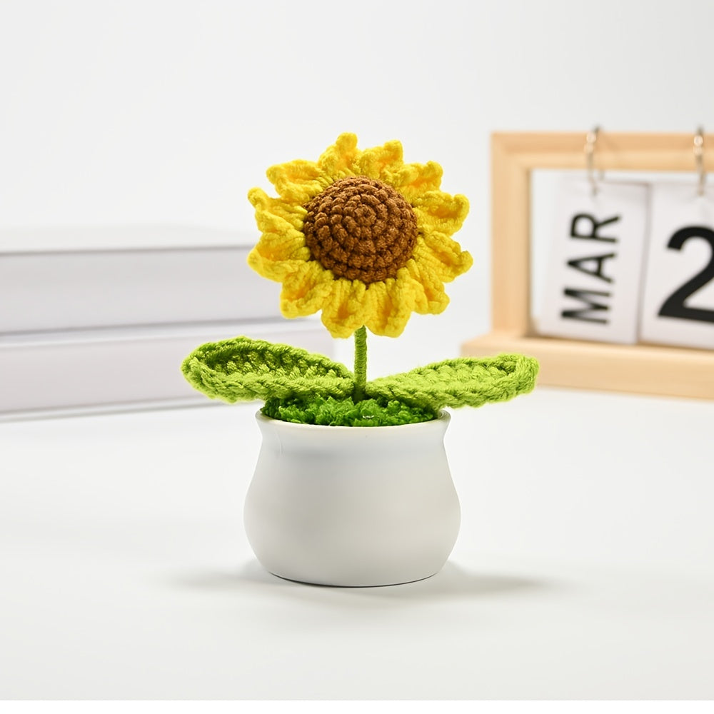 Crochet Sunflower Bonsai Decor with Smiling Face for Home Office Gift