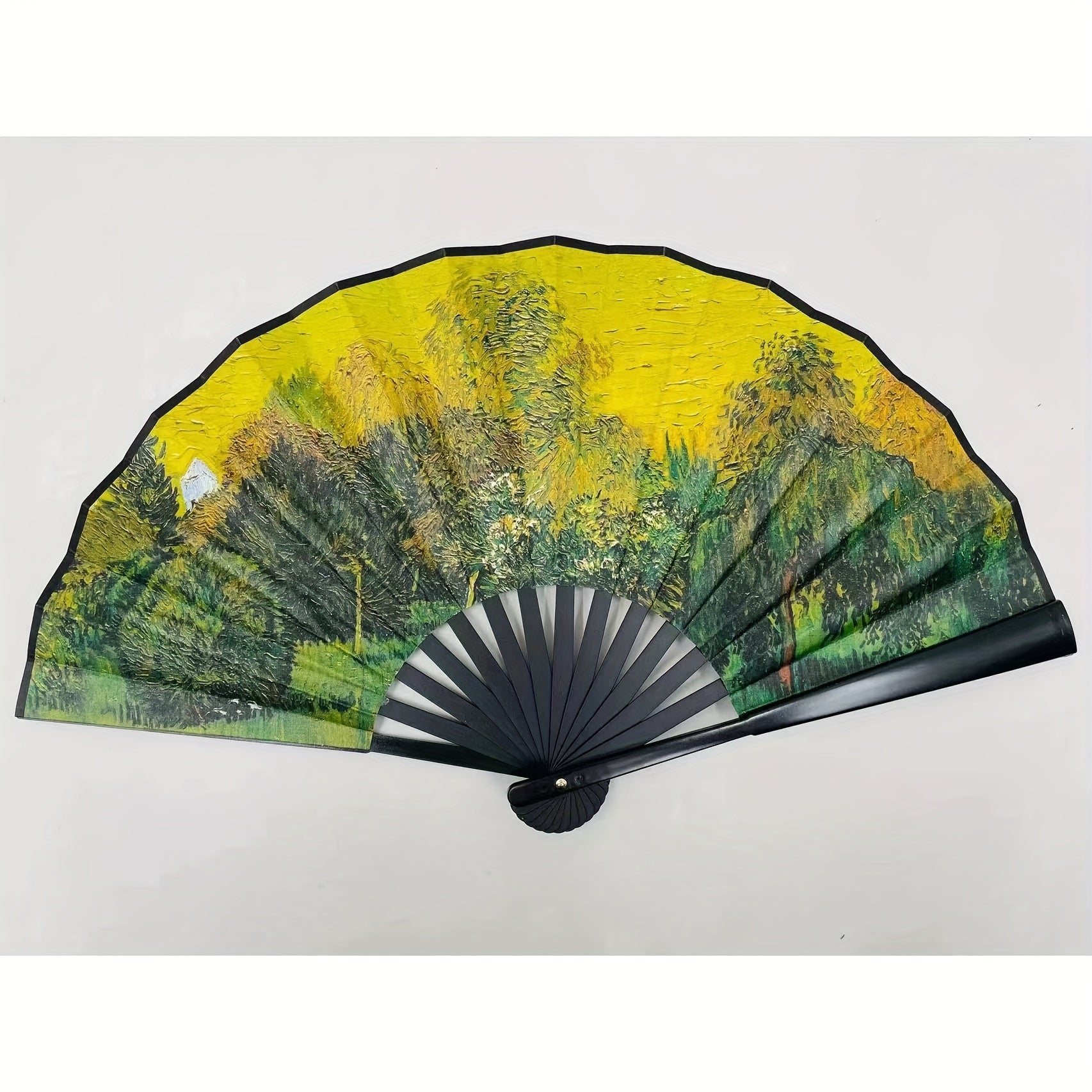 "Zarif Landshaft Printi bilan Qo'l Ventilyatori, Raqqoslik Ko'rsatmalari va Cheongsam Kiymak Uchun Mukammal, Yuqori Sifatli Bosma va Egiluvchan Dizayn"