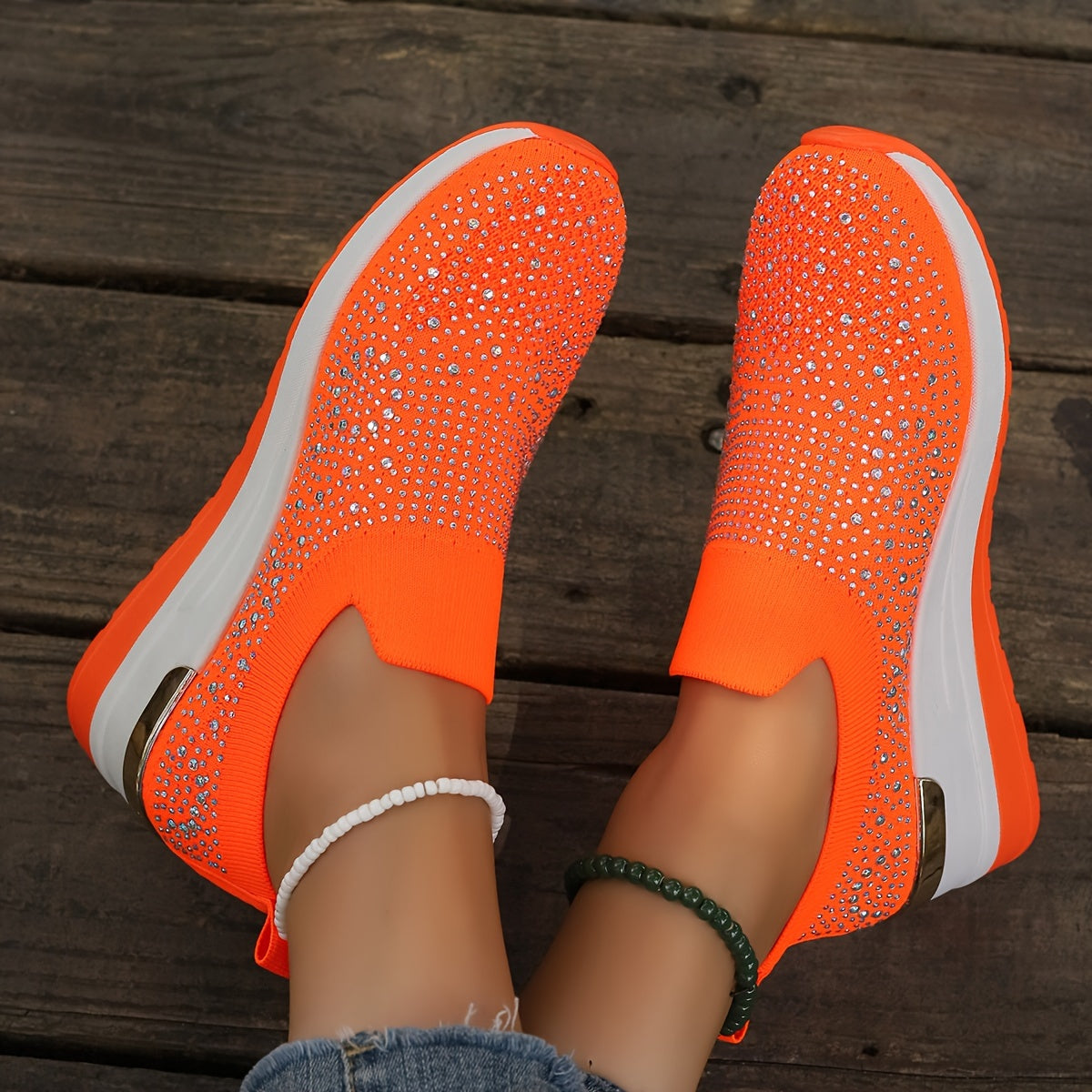 Women's Rhinestone Decor Platform Sneakers Casual Slip-On Outdoor Shoes