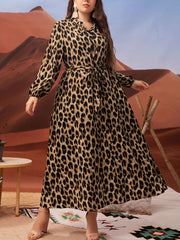 Plus-Size Leopard Print Dress with Lantern Sleeves Belt Collared Neckline Polyester All-Season