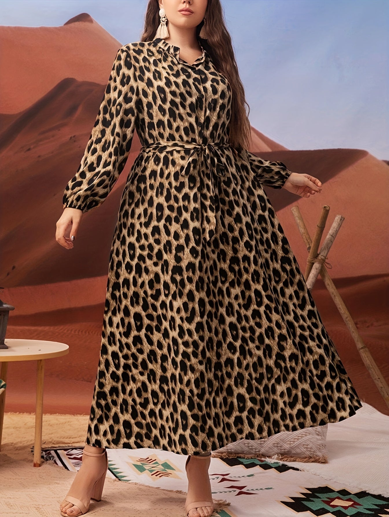 Plus-Size Leopard Print Dress with Lantern Sleeves Belt Collared Neckline Polyester All-Season
