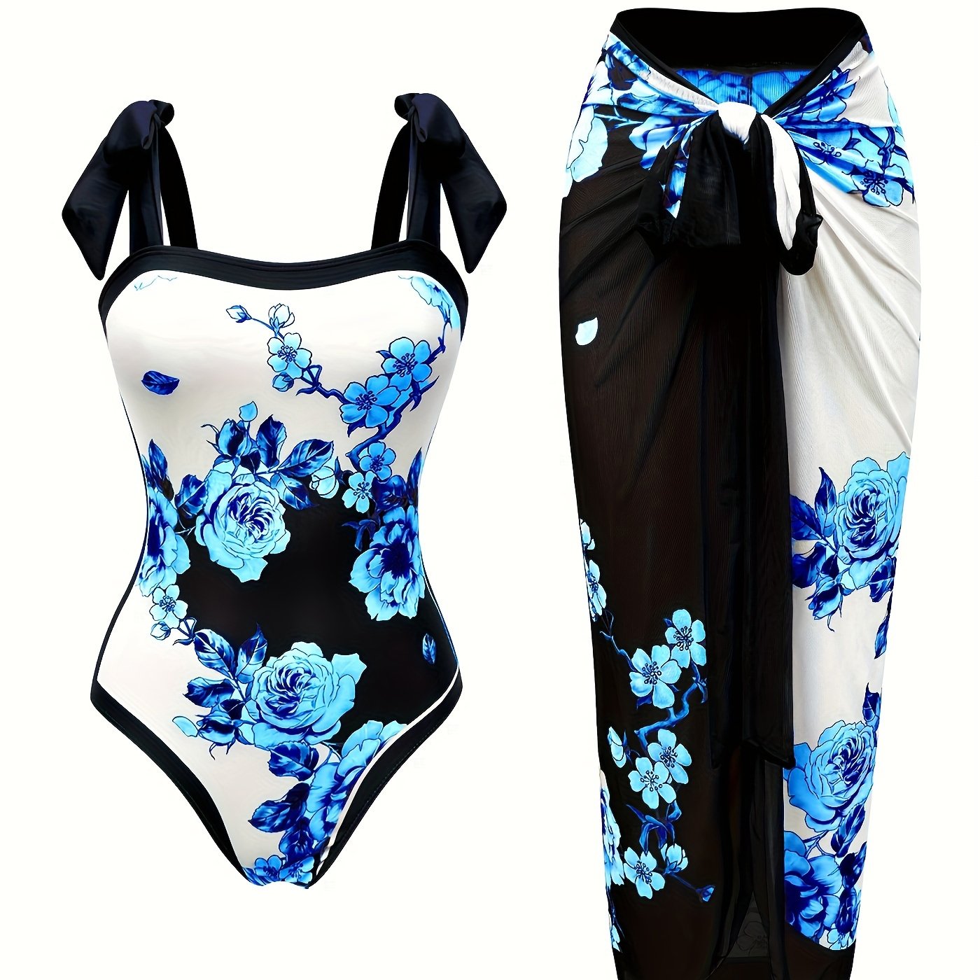 Women's Floral Sun Protection One-Piece Swimsuit with Sheer Skirt Polyester Elastane