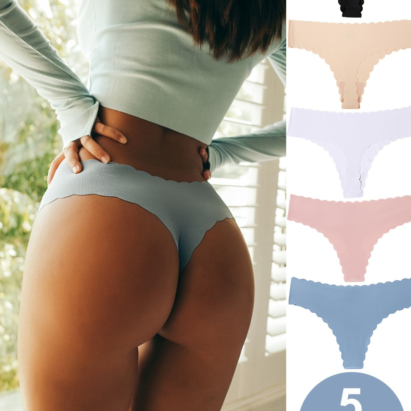 Women's Seamless Thongs with Scallop Trim Breathable Comfortable Lingerie