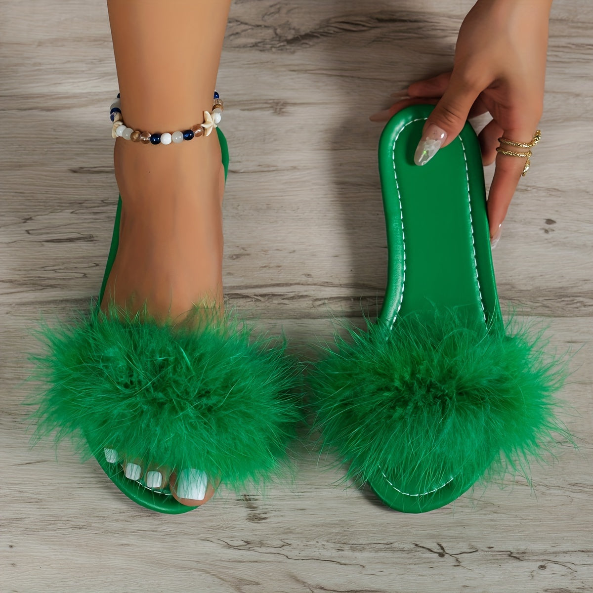 Women's Fluffy Feather Slides Open Toe Single Band Flats Casual Sandals