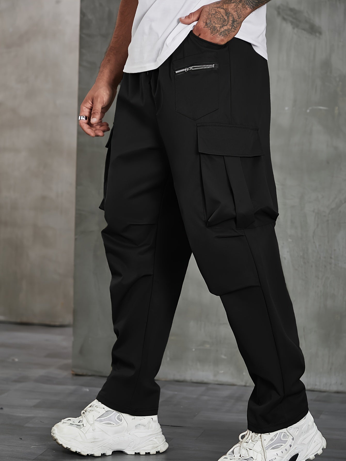 Men's Plus Size Cargo Pants Non-Stretch Polyester Zipper Pockets Drawstring Regular Fit All-Season