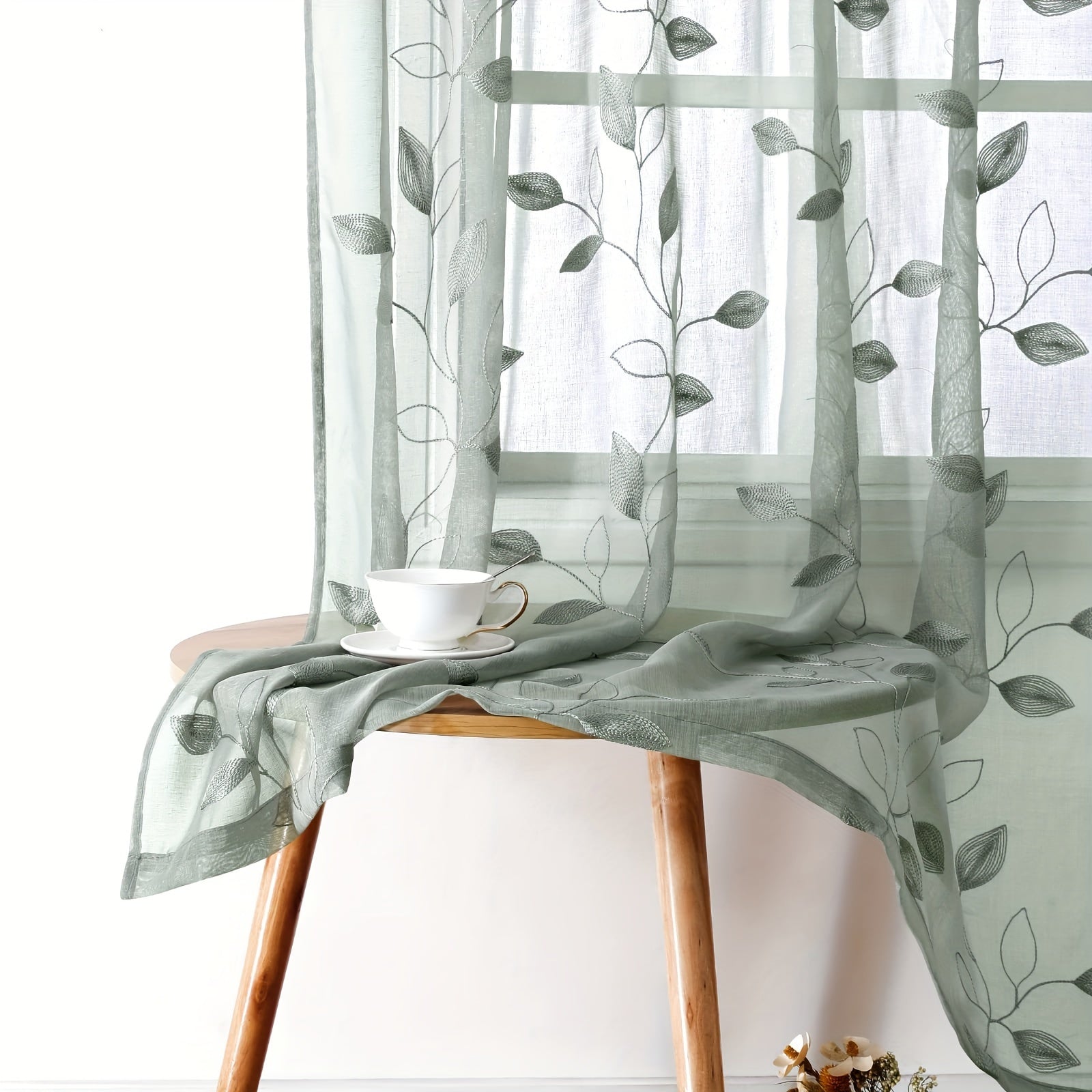 Two Pieces Sheer Curtains with Embroidered Leaf Pattern, Rod Pocket, Polyester, for Bedroom Living Room Kitchen