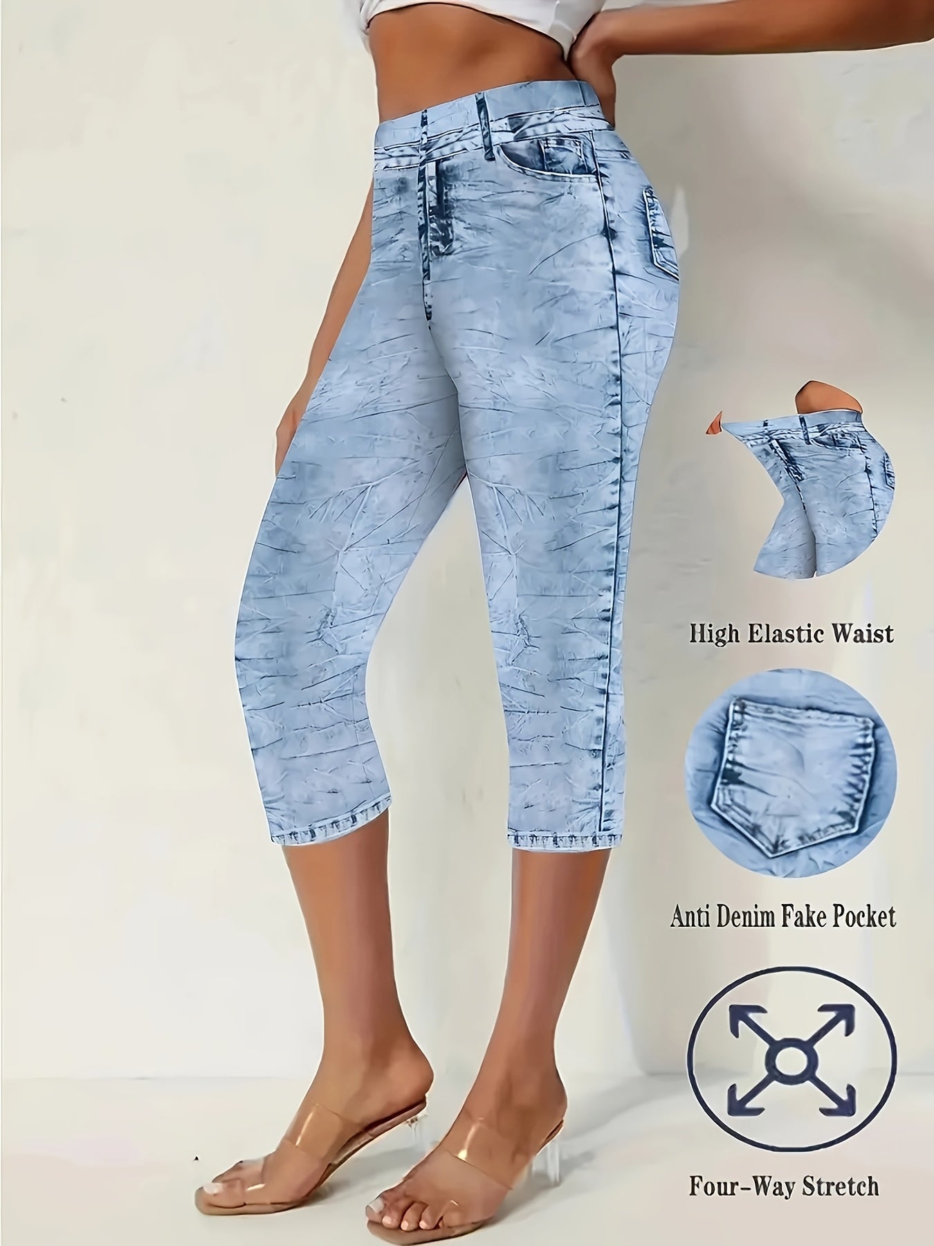 Women's High-Waisted Stretch Denim Capri Pants Floral Print Elastic Waist
