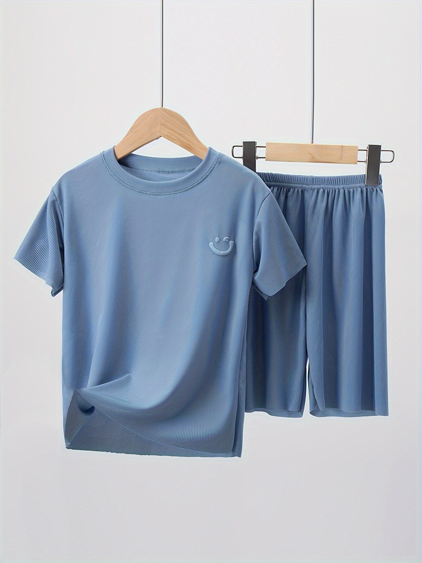 Boys' Summer Casual Tracksuit Set with Smile Face T-Shirt and Shorts for Kids Over 3 Years