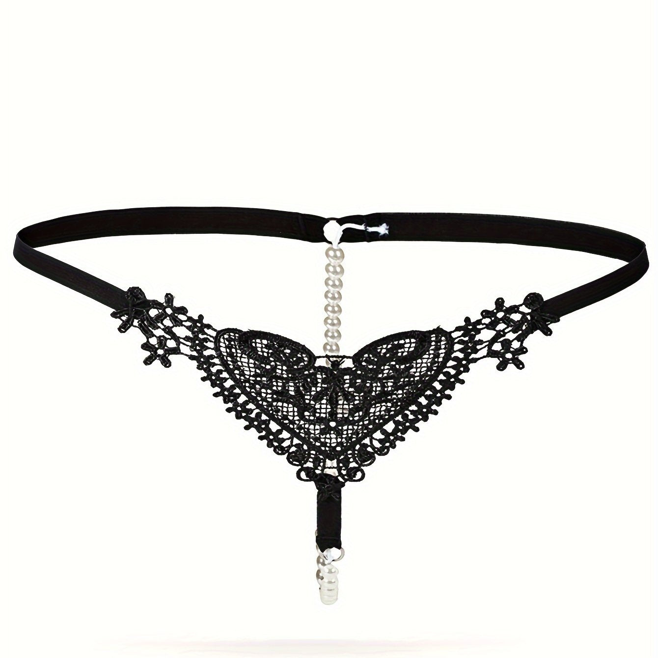 Women's Low-Rise Pearl Embellished Thong Lingerie with Hollow Out Design
