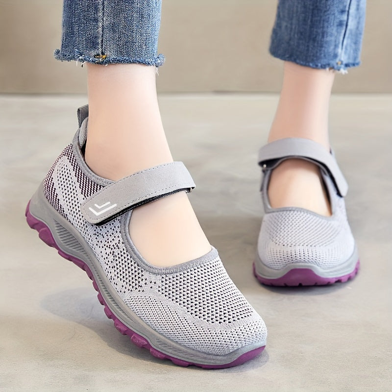 Women's Breathable Knit Sneakers Casual Low-Top Running Shoes with Hook-and-Loop