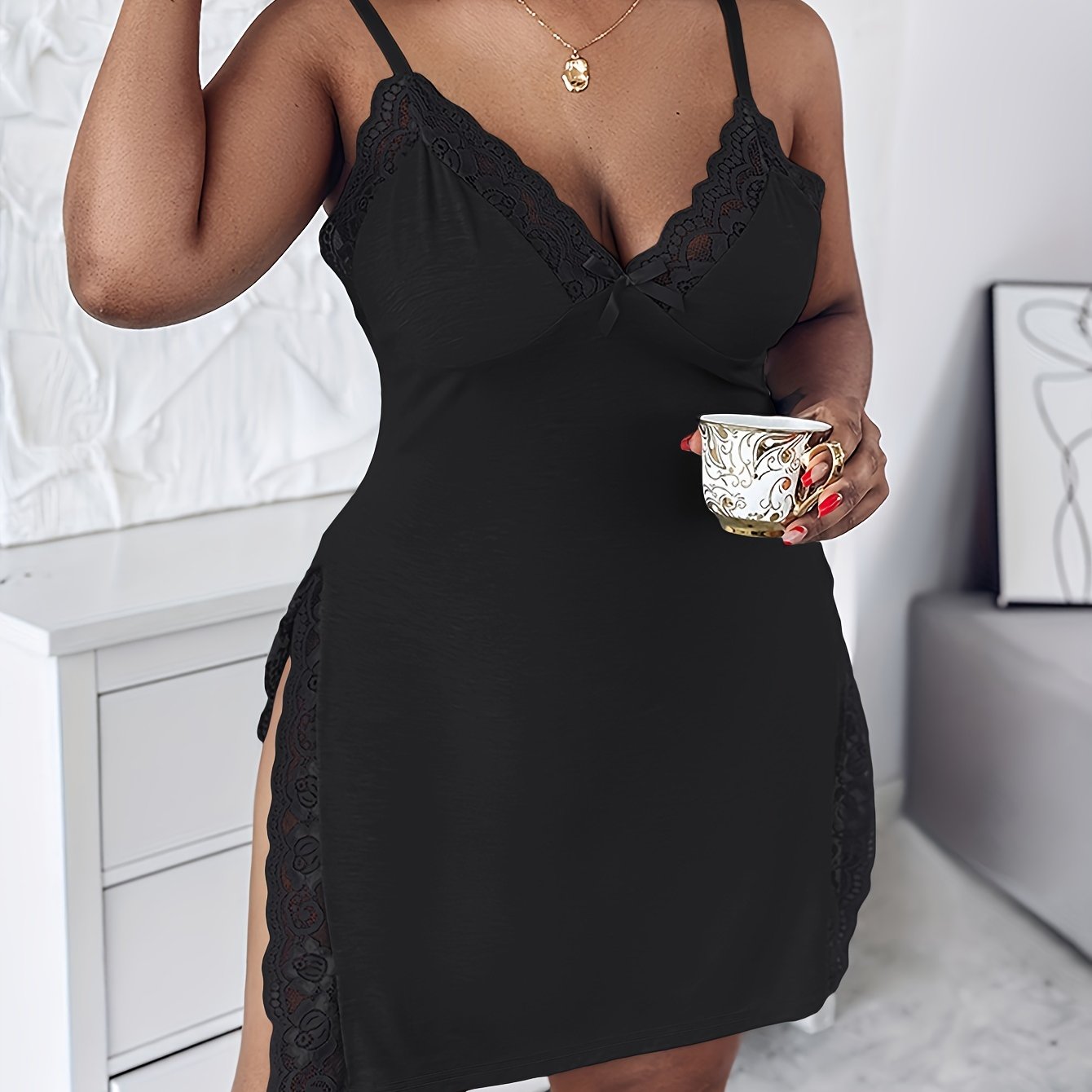 Plus Size Sleep Dress Women's Lace V Neck Cami Nightwear