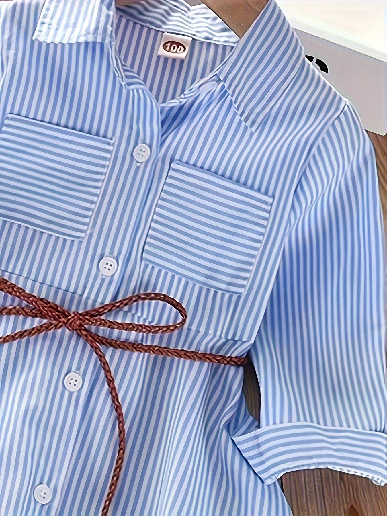 Girls' Striped Cotton Blend Shirt Dress with Pockets for Spring Summer Fall, One Size Smaller