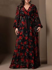 Floral Print V-Neck Maxi Dress with Tie Waist for Spring Fall