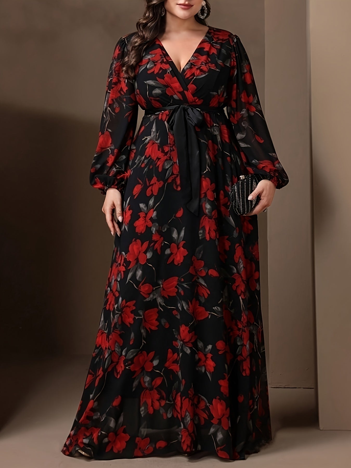 Floral Print V-Neck Maxi Dress with Tie Waist for Spring Fall