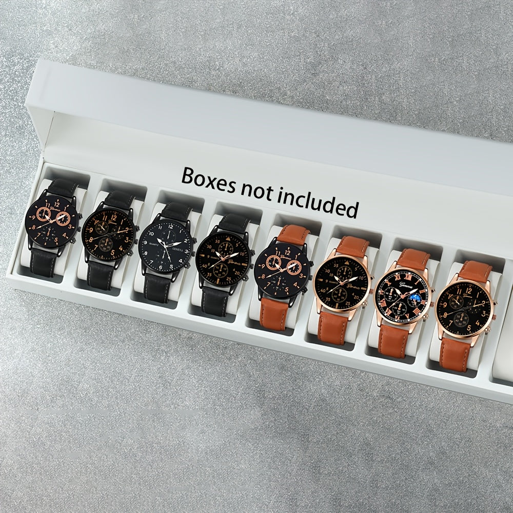Set de reloj de cuarzo para hombre, 8 piezas, caja de aleación resistente a golpes, correa de cuero sintético, casual