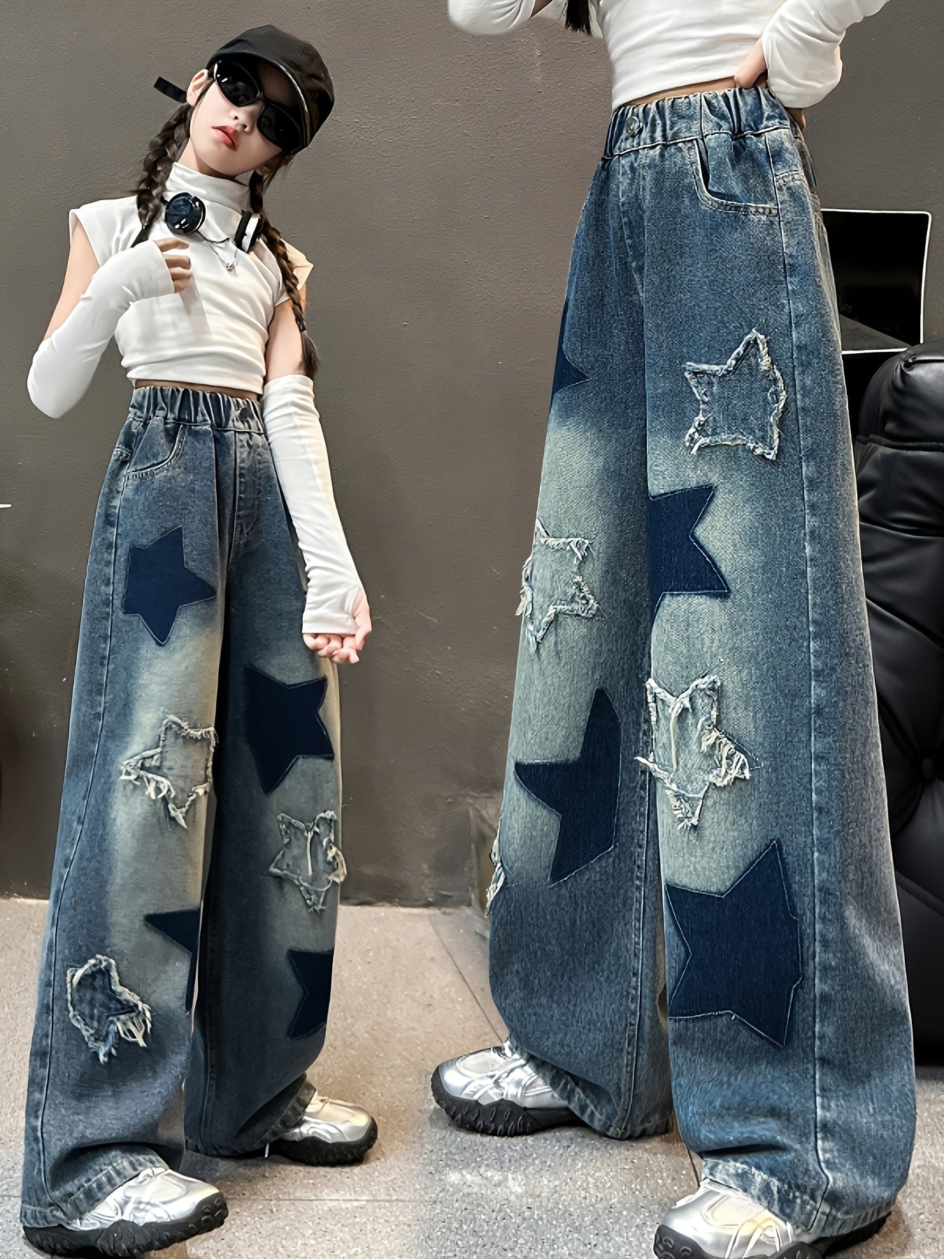 Kids Denim Jeans with Geometric Star Pattern, Loose Fit, Cotton Blend, All-Season