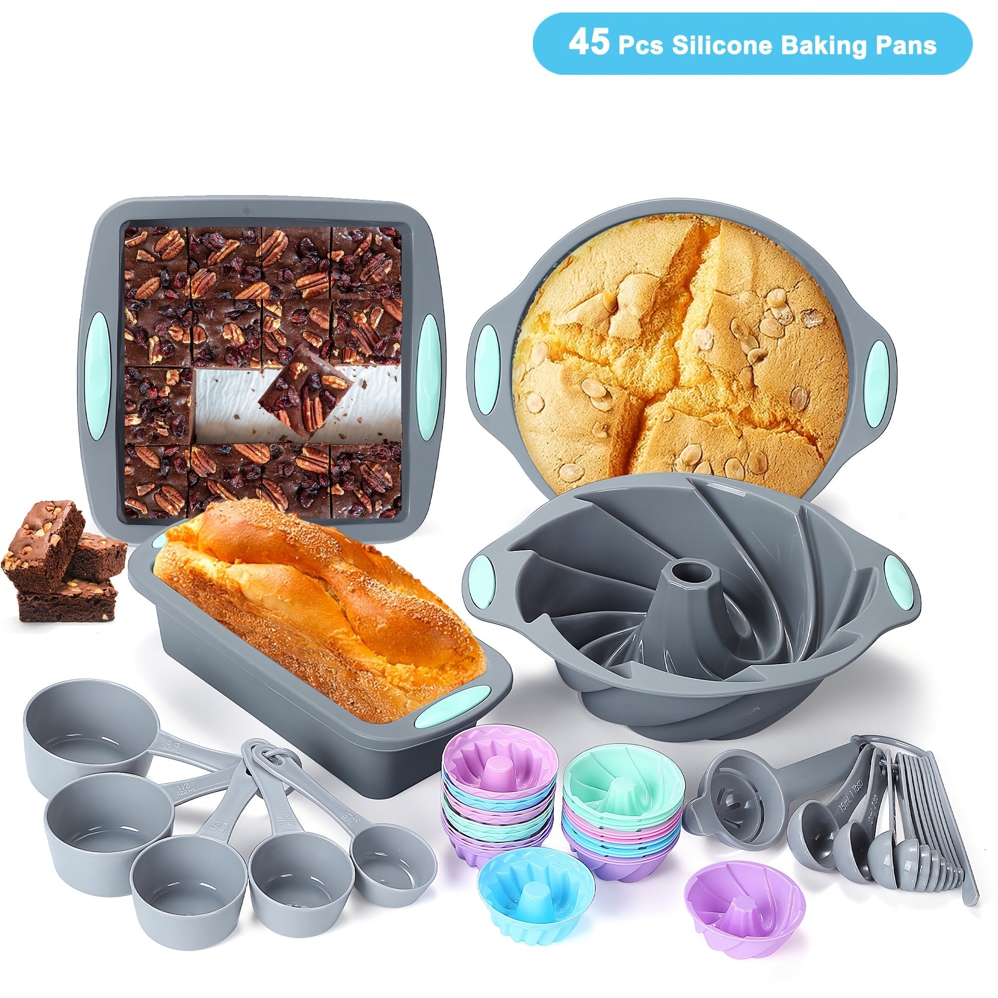 Silicone Baking Set 45 Pieces Nonstick Bakeware for Cookies Cakes Muffins