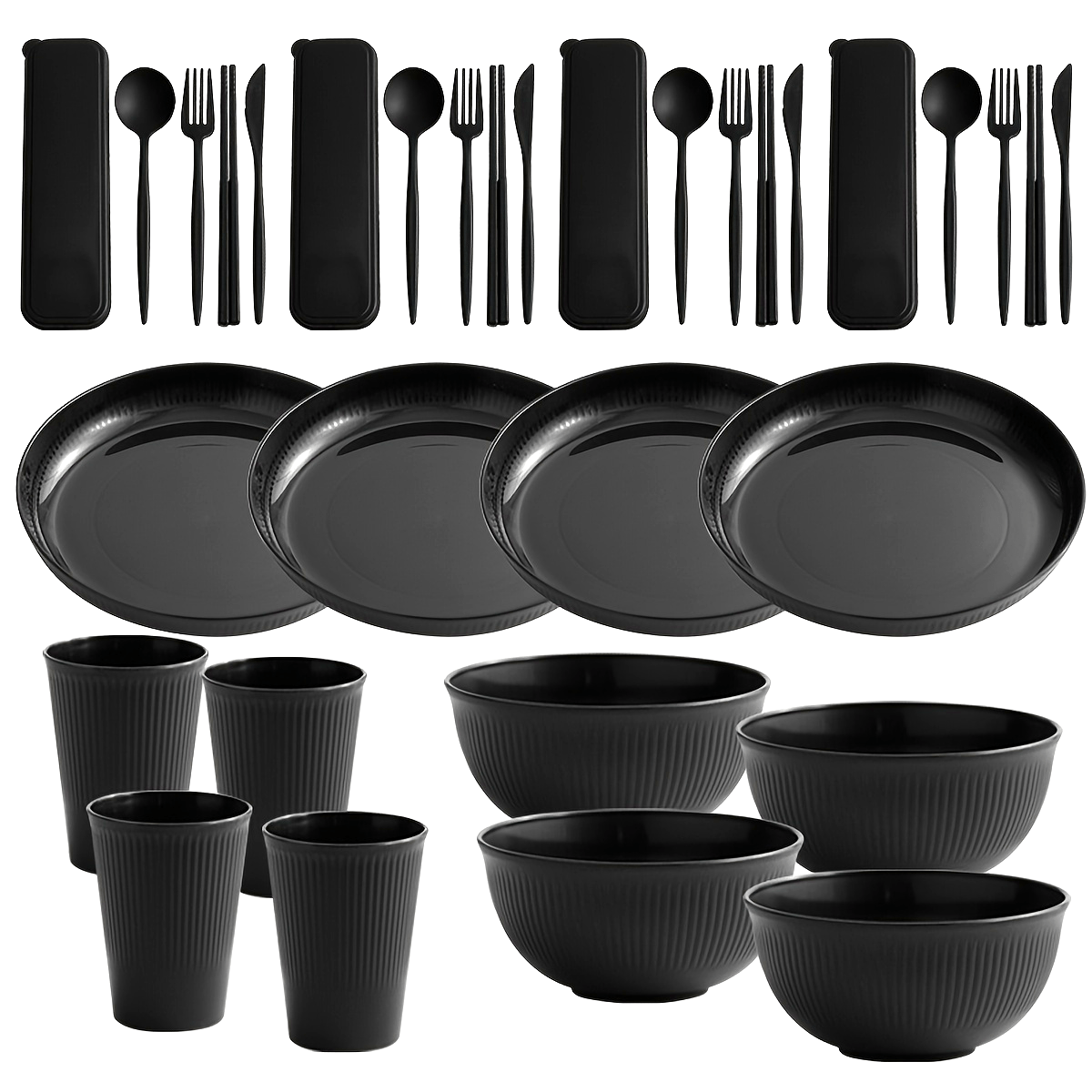 32-Piece Black Tableware Set for Home Restaurant and Outdoor Use
