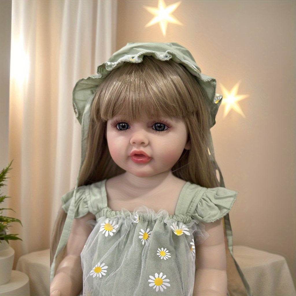 Full Vinyl Baby Doll 55.88 cm with Long Blonde Hair Green Daisy Dress Toddler Toy