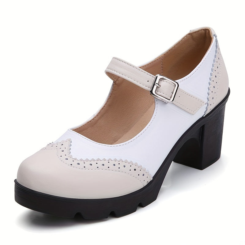 Women's Chunky Heel Brogue Pumps All-Match Classic Buckle Strap Office Shoes