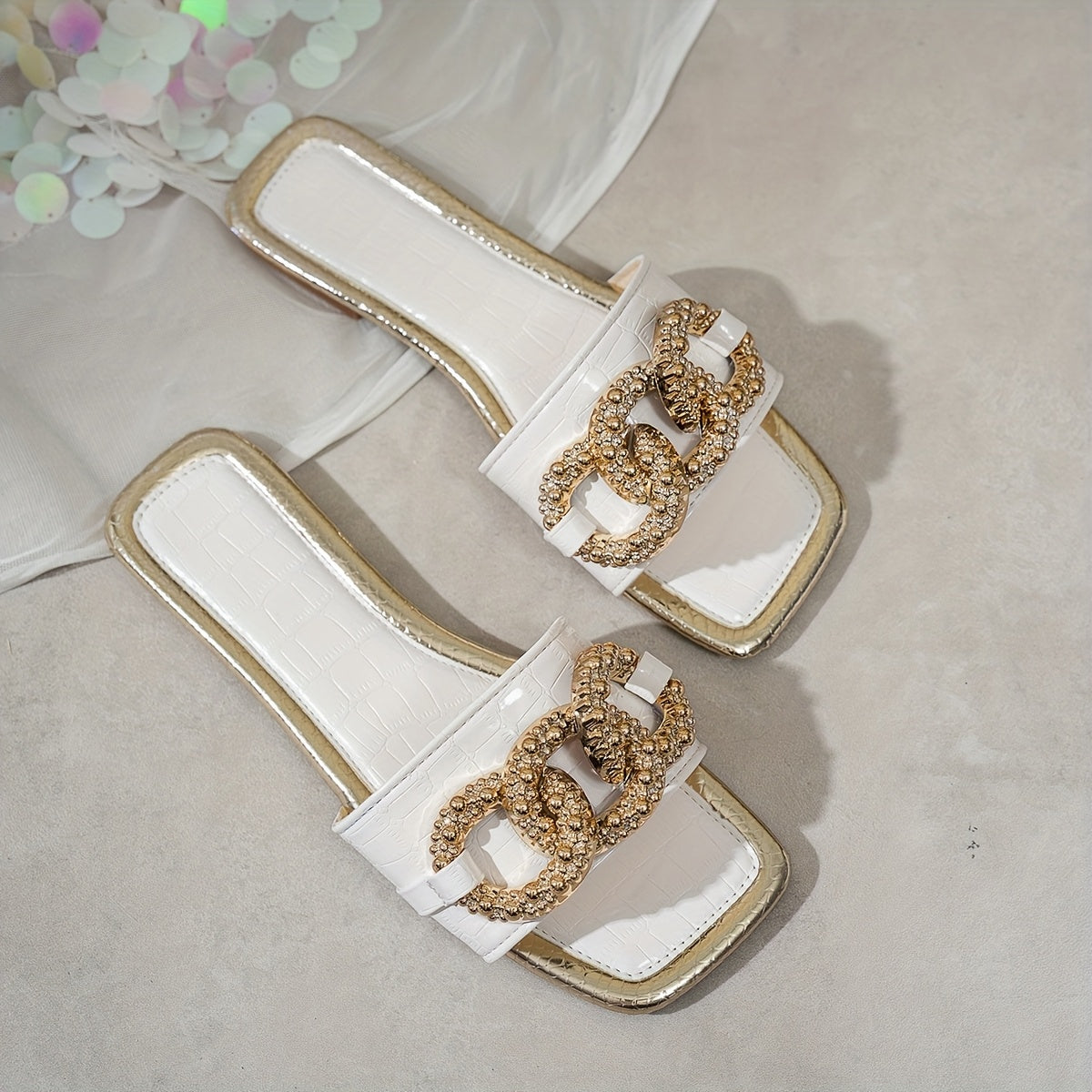 Women's Solid Color Square Toe Flat Sandals Slip-On Beach Slippers