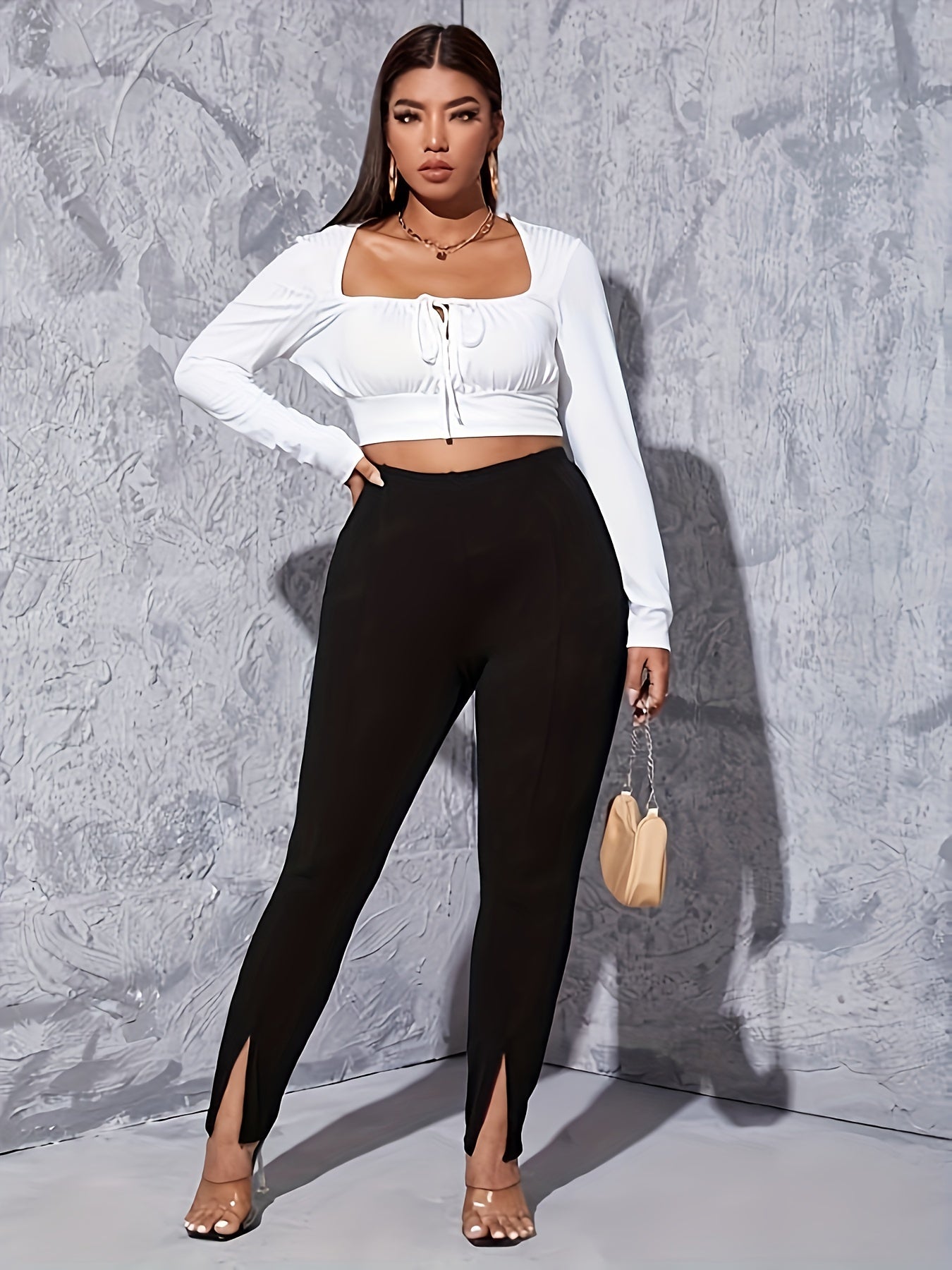 Plus Size Women's Solid Skinny Split Front High Waist Leggings