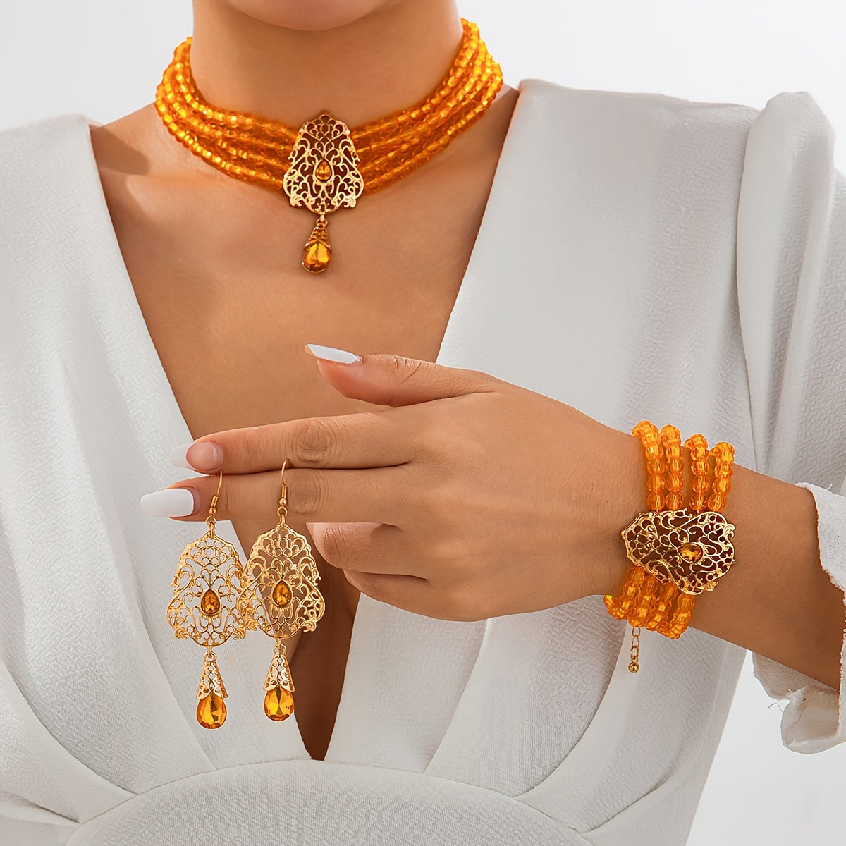 Set of 4 Elegant Crystal Water Drop Jewelry Set for Women Necklace Bracelet Earrings Gold Tone