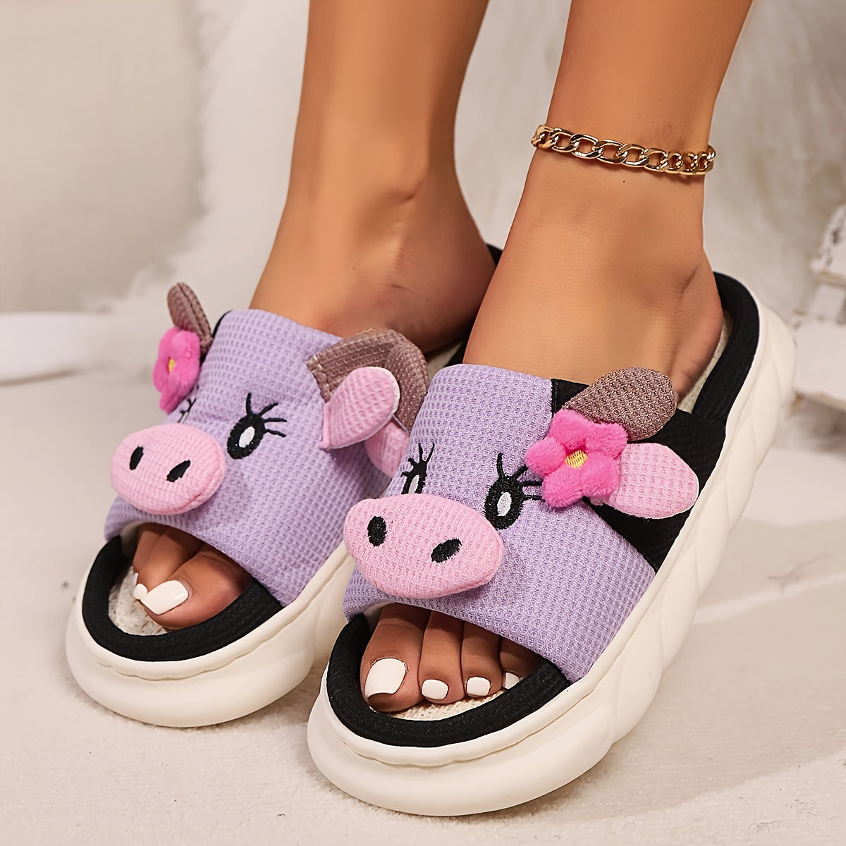 Women's Cow Print Slip-On Slippers Soft Fabric Indoor Outdoor Shoes