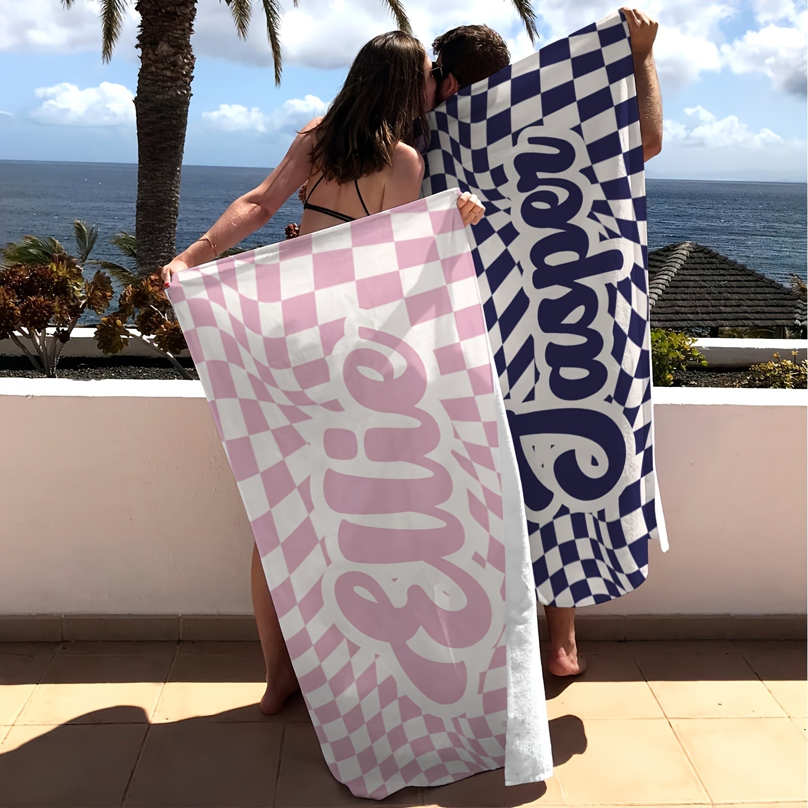 Customized Lattice Pattern Beach Towel with Name Quick-Drying and Absorbent for Beach Swimming Camping