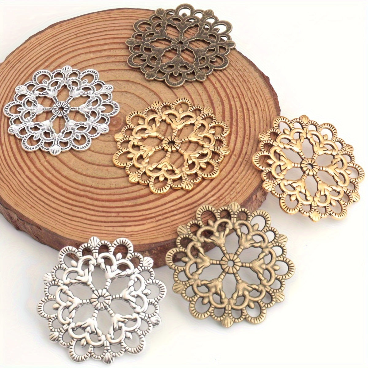 Set of 30 Antique Silver and Gold Hollow Lace Flower Round Pendants 30mm for Jewelry Making and Decorations