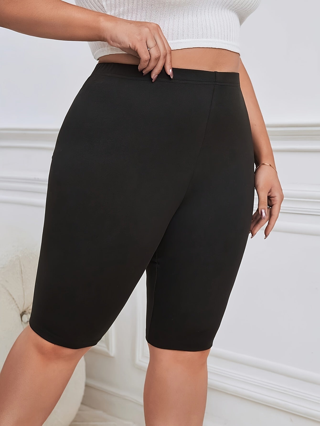 Plus o'lcham yuqori belli elastik legginslar ayollar uchun, qorong'i to'liq rang, barcha mavsumlar