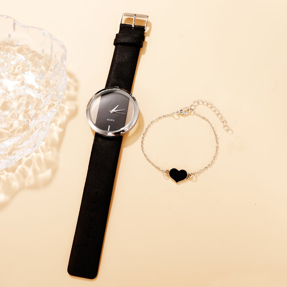 2 ta ayollar modasi soatlari to'plami, bo'sh dizayni bilan, kvarts mexanizmi, PU charm bilan yurak bilagti