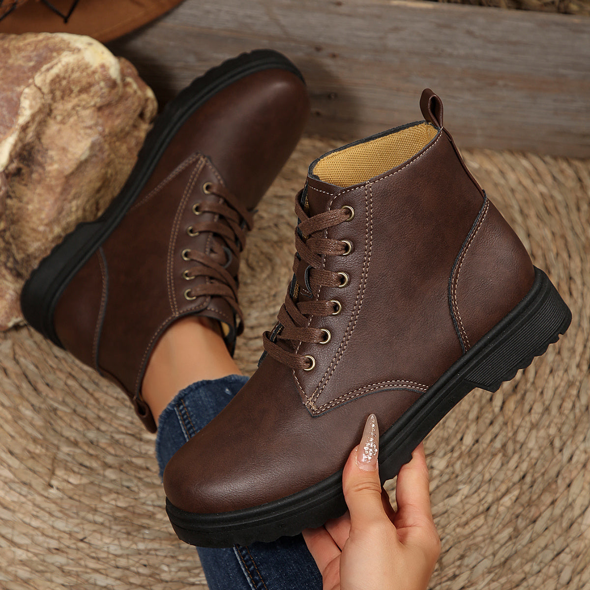 Women's Brown Synthetic Ankle Boots with Lace-Up Closure and Flat Heel