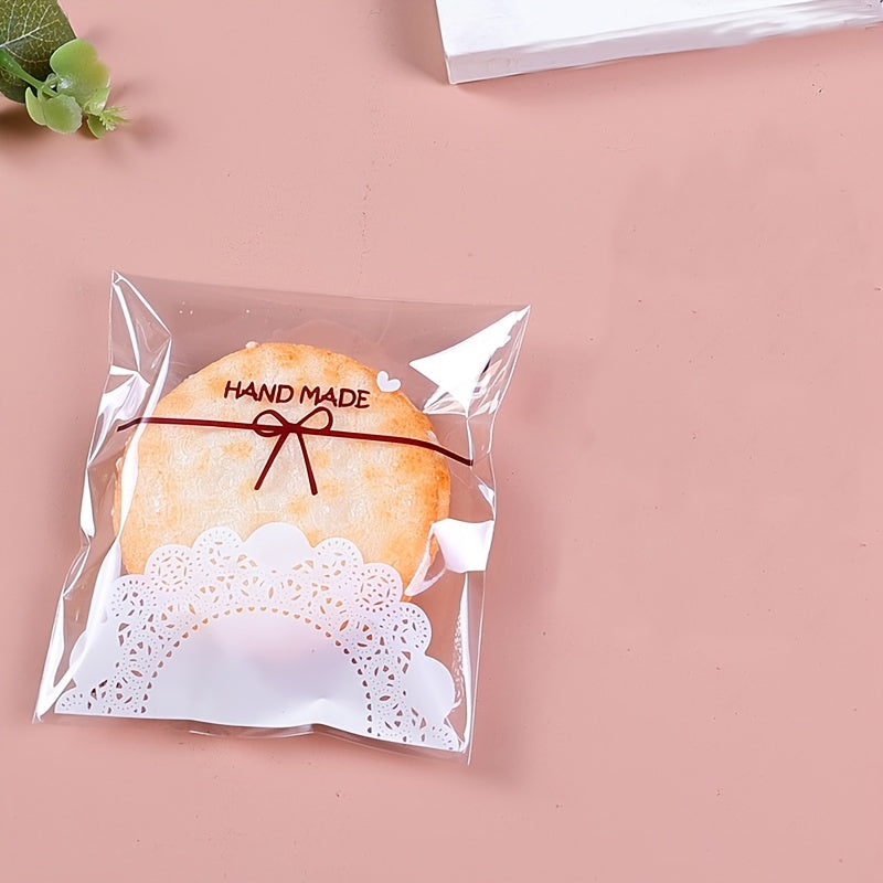 Lace Bow Print Treat Bags Set of 100 Food-Safe Plastic for Cookies and Snacks
