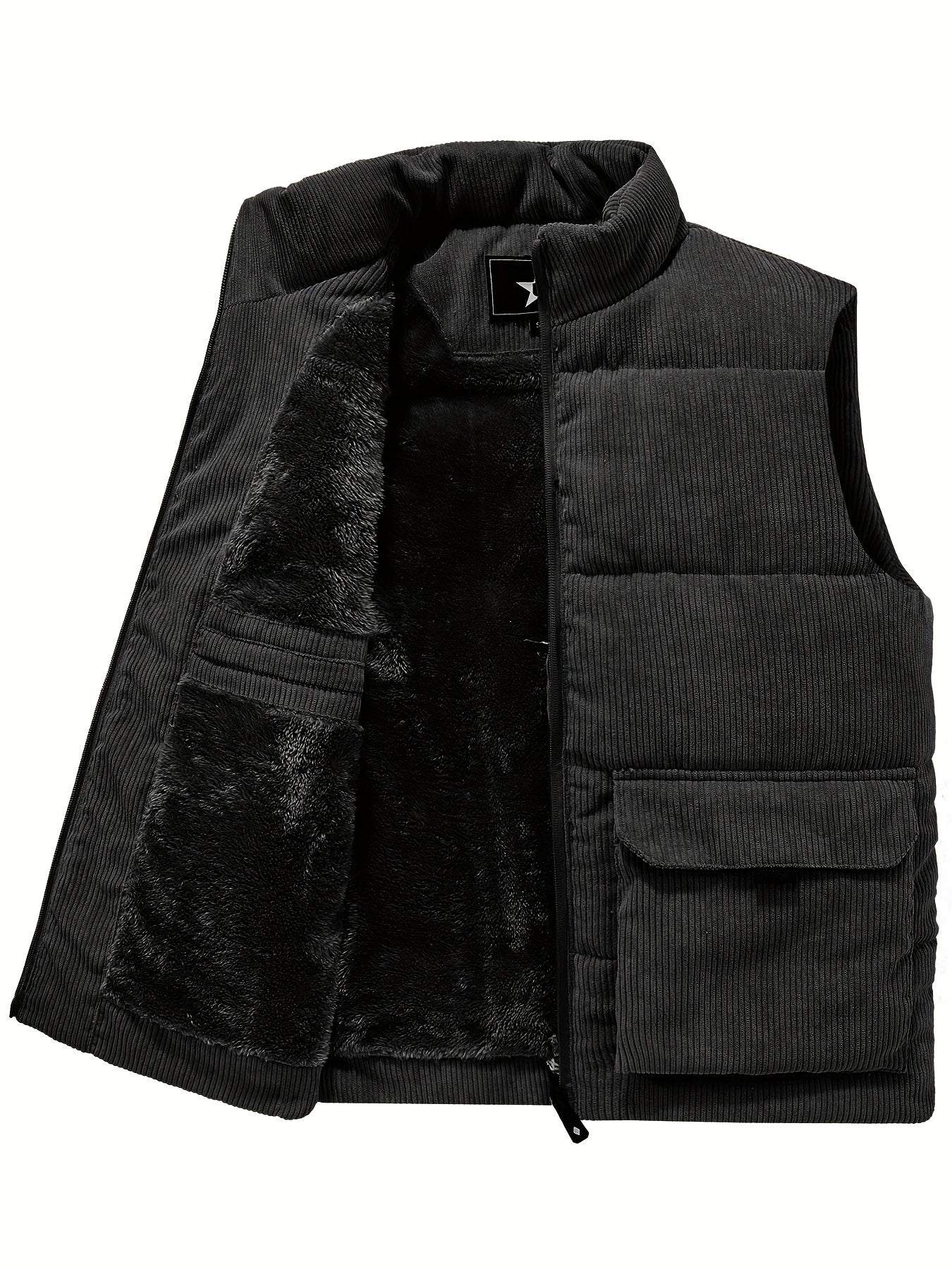 JPDUN Erkaklar Qish Jileti, Tasodifiy Turg'un Yaka, Qalin Plush Polyester, Bir Rangli, Ko'p Cho'ntakli Tashqi Ish Kiyimlari, Issiq Kamizol Jileti, Erkin Qisqa, To'qilgan, Cho'zilmaydigan.