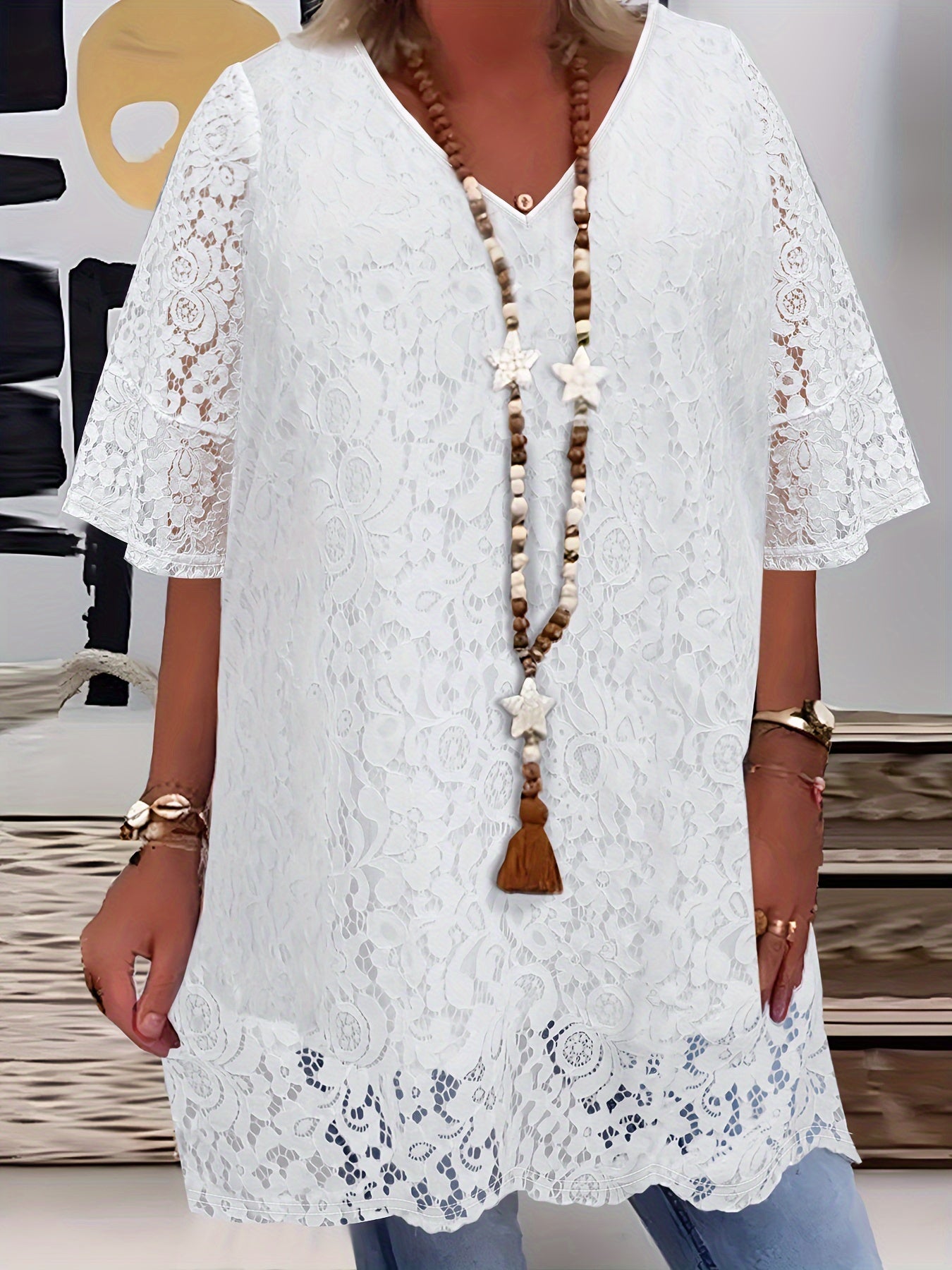 Plus Size Lace T-Shirt with Bell Sleeves Women's Fashion