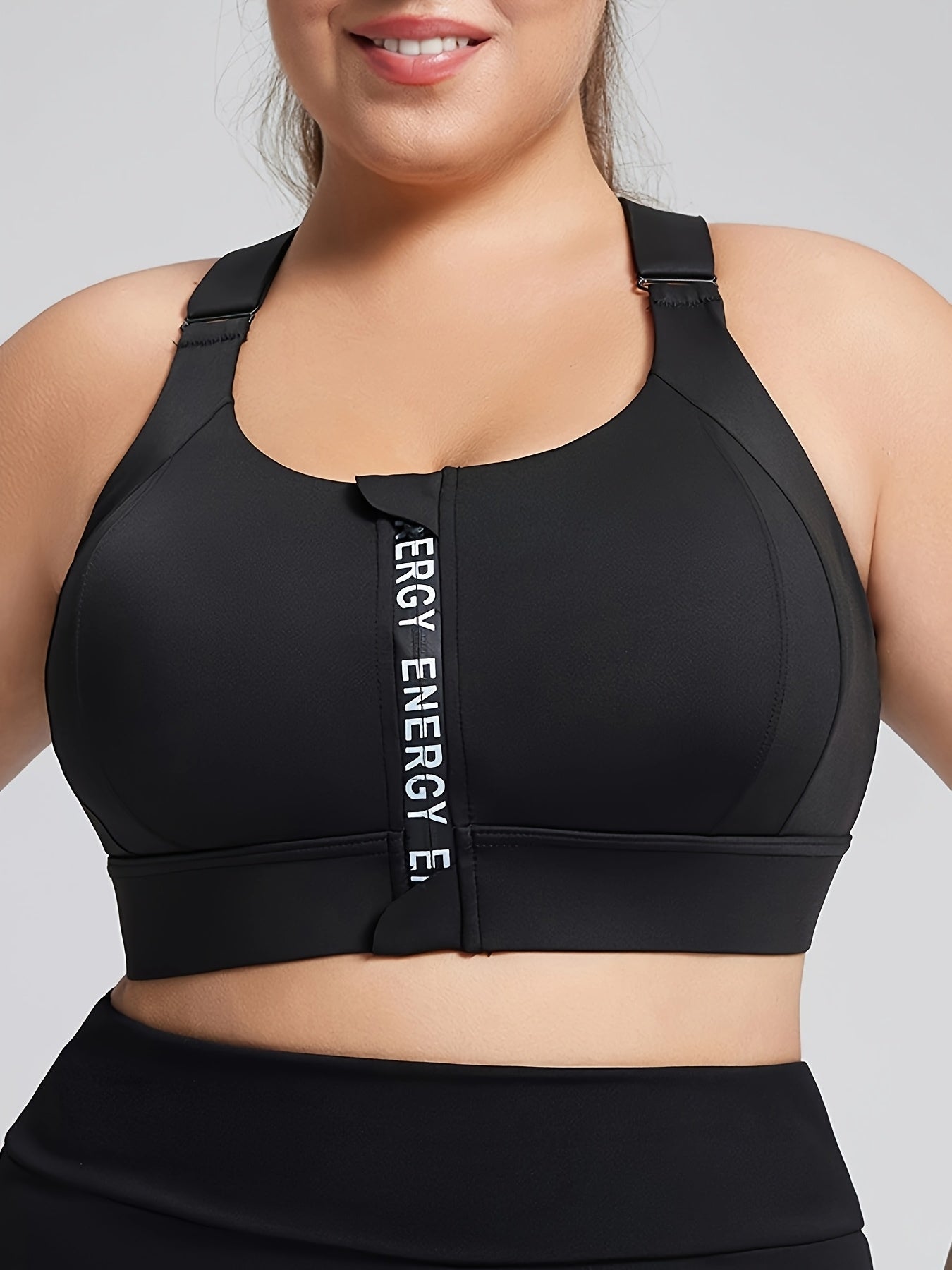 Plus Size Sport Bra With Zipper Letter Yoga Vest Adjustable Straps