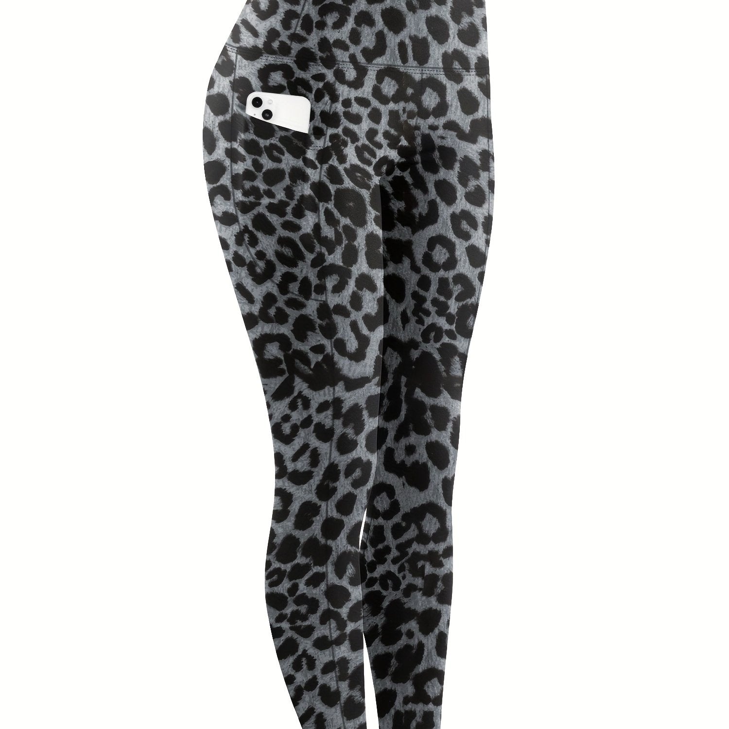 Leggings de talla grande con control de barriga y cintura alta con bolsillos y estampado de leopardo