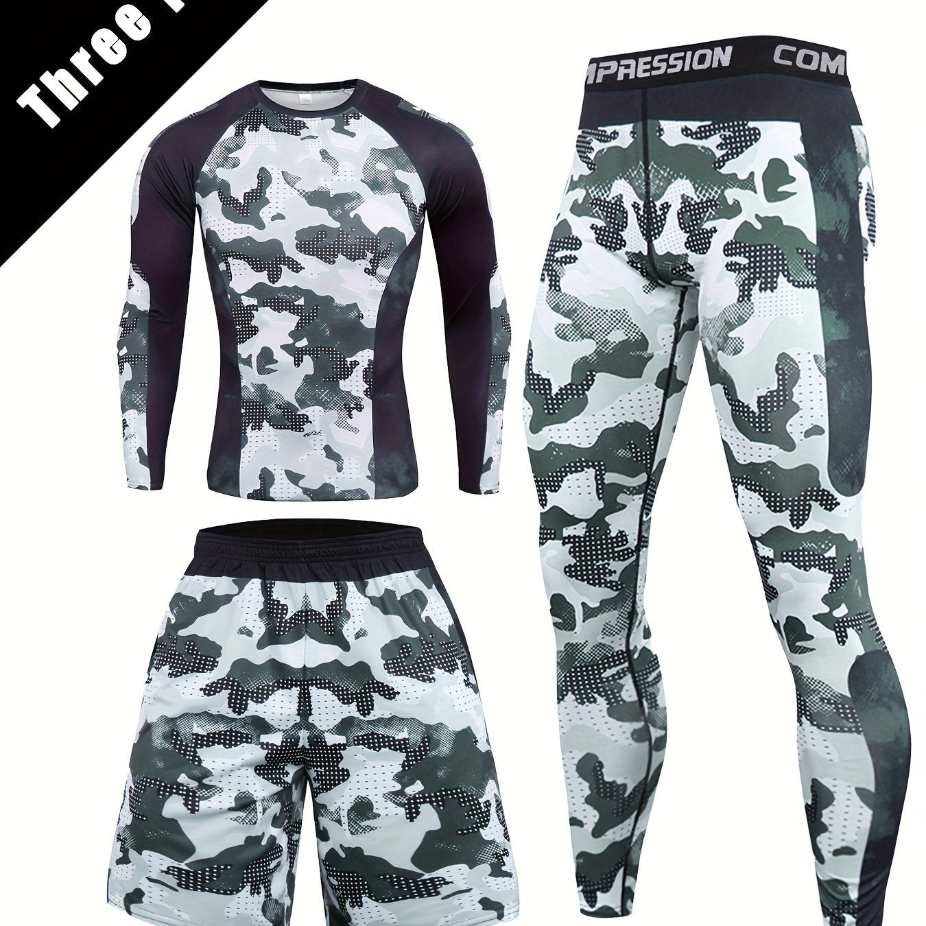 Men's Camo Compression Set Long Sleeve Top Shorts Leggings Athletic Training Outdoor