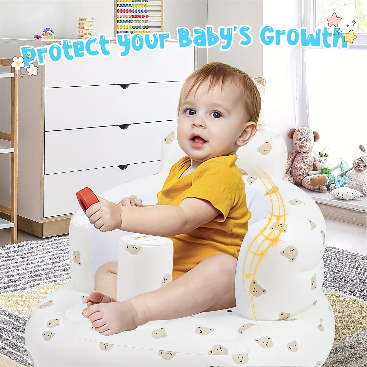 Inflatable Baby Seat with Back Support White Bear Design Toddler Floor Seat for Sitting Up