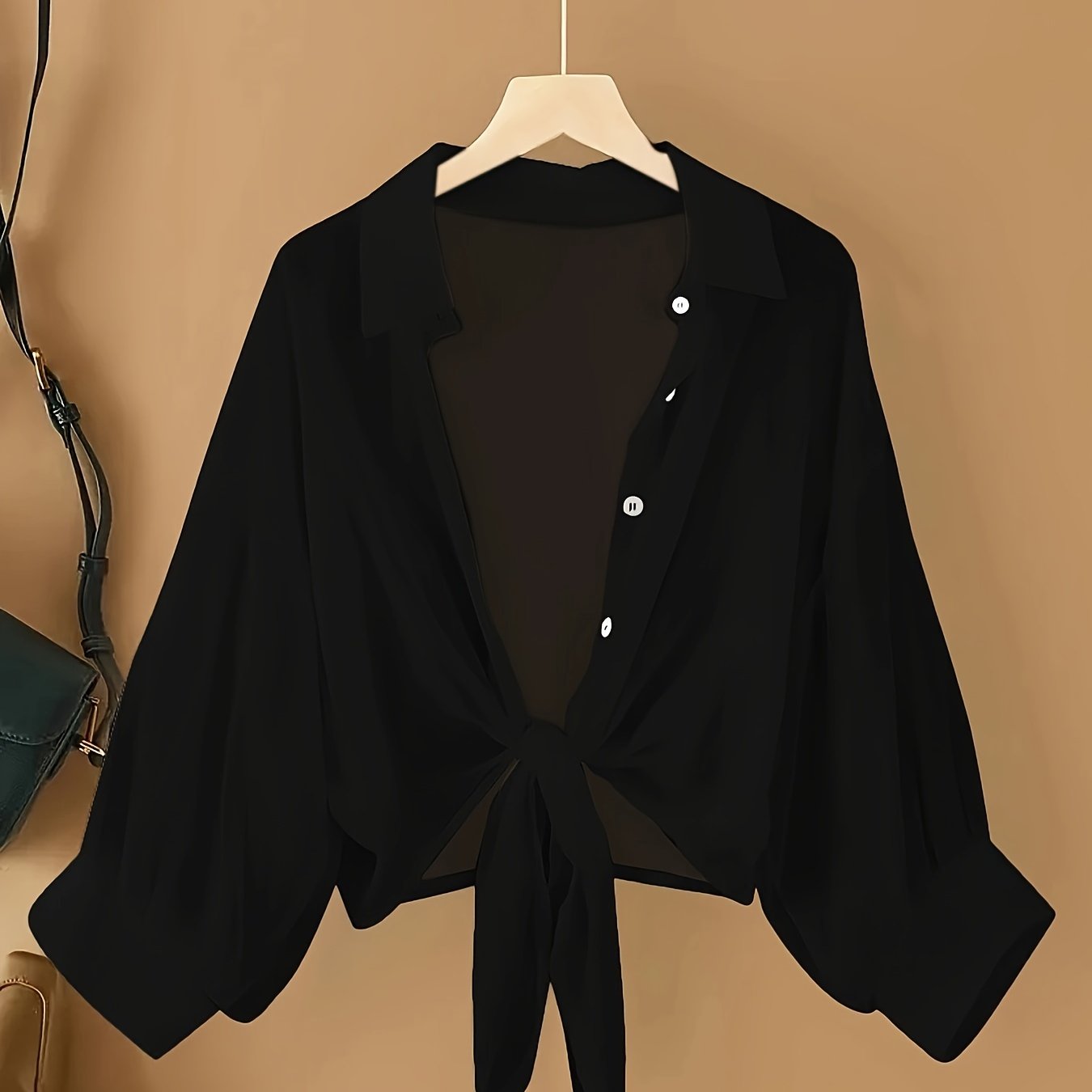 Women's Woven Chiffon Cardigan with Front Bow, Lapel Collar, Solid Color, Spring Summer Fall Casual