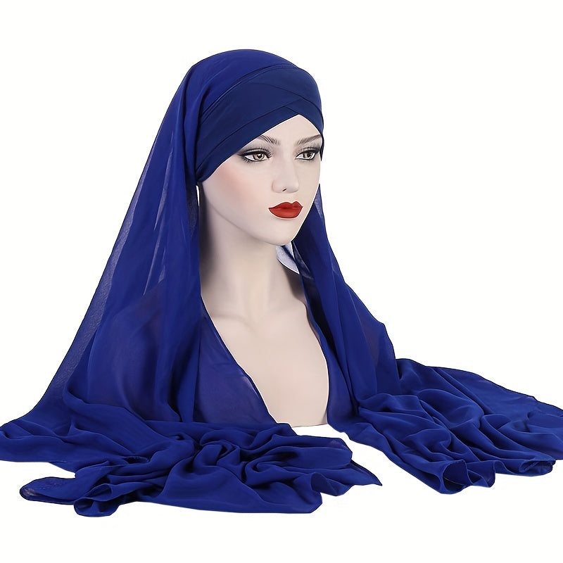 Ayollar uchun Chiffon Instant Hijab bir hil rangda, ostki qopqog' bilan va nafas oladigan elastik peshona bandi bilan quyoshdan himoyalanish uchun