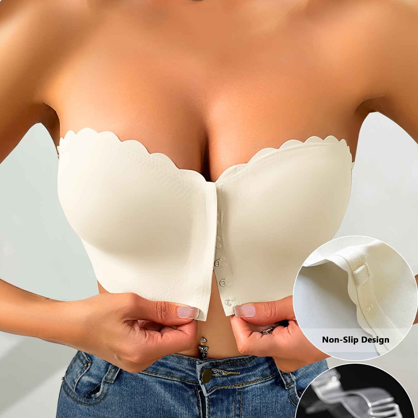 Women's Solid Color Wave-Edge Strapless Front Closure Bra