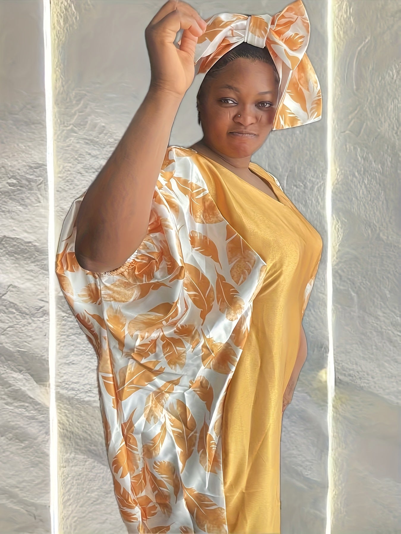 Plus Size Elegant V-Neck Kaftan Dress for Women Floral Print Loose Fit