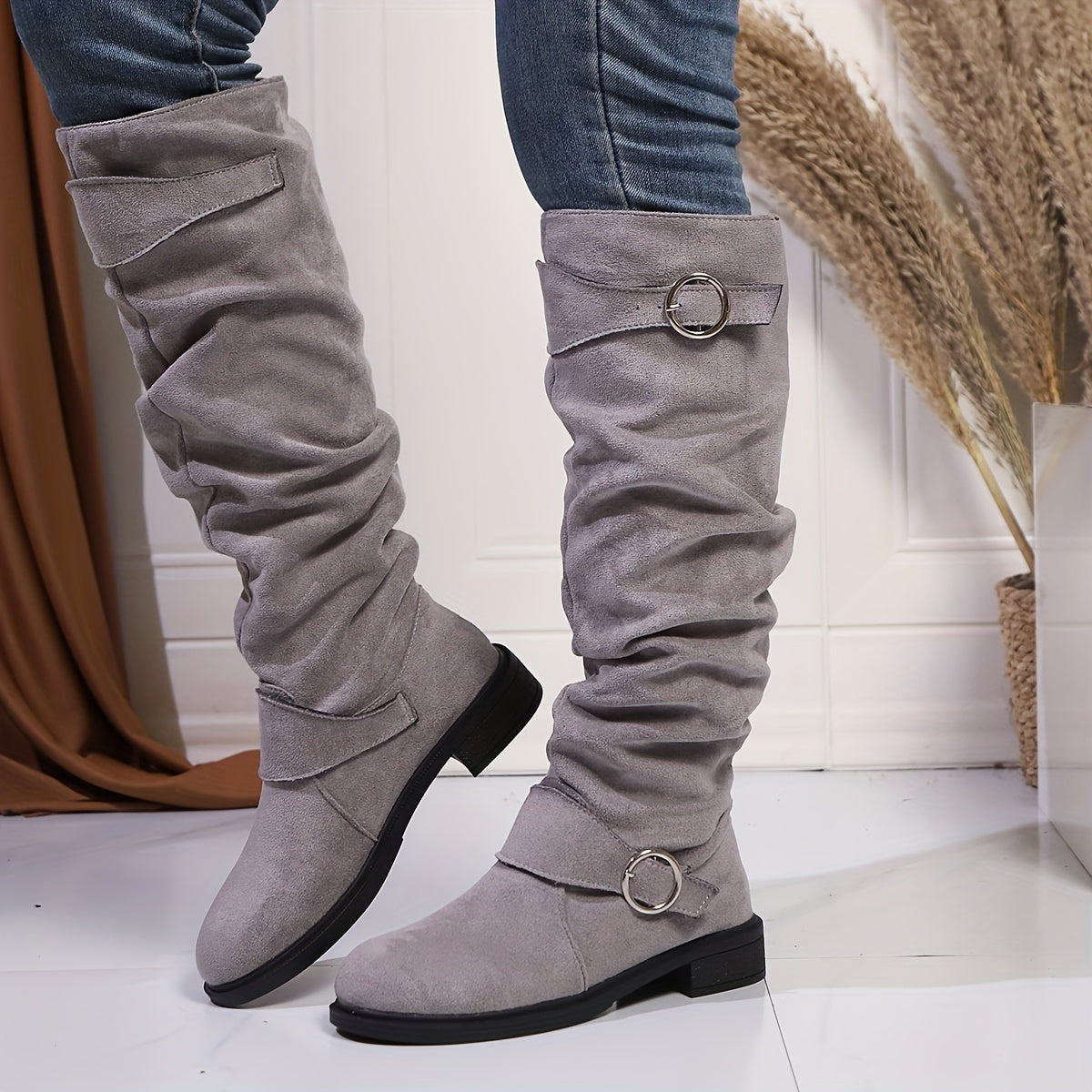 Women's Velvet Knee-High Boots with Buckle, Solid Color, Low Heel