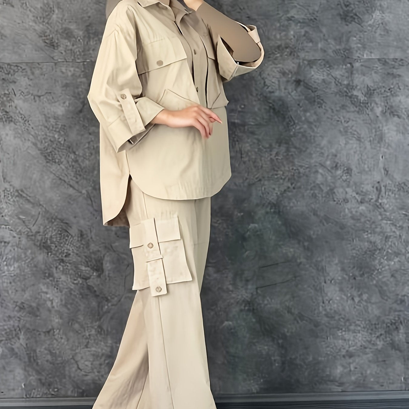 Pantalón conjunto casual de poliéster con grandes bolsillos y cuello de solapa para ropa de trabajo de primavera y otoño