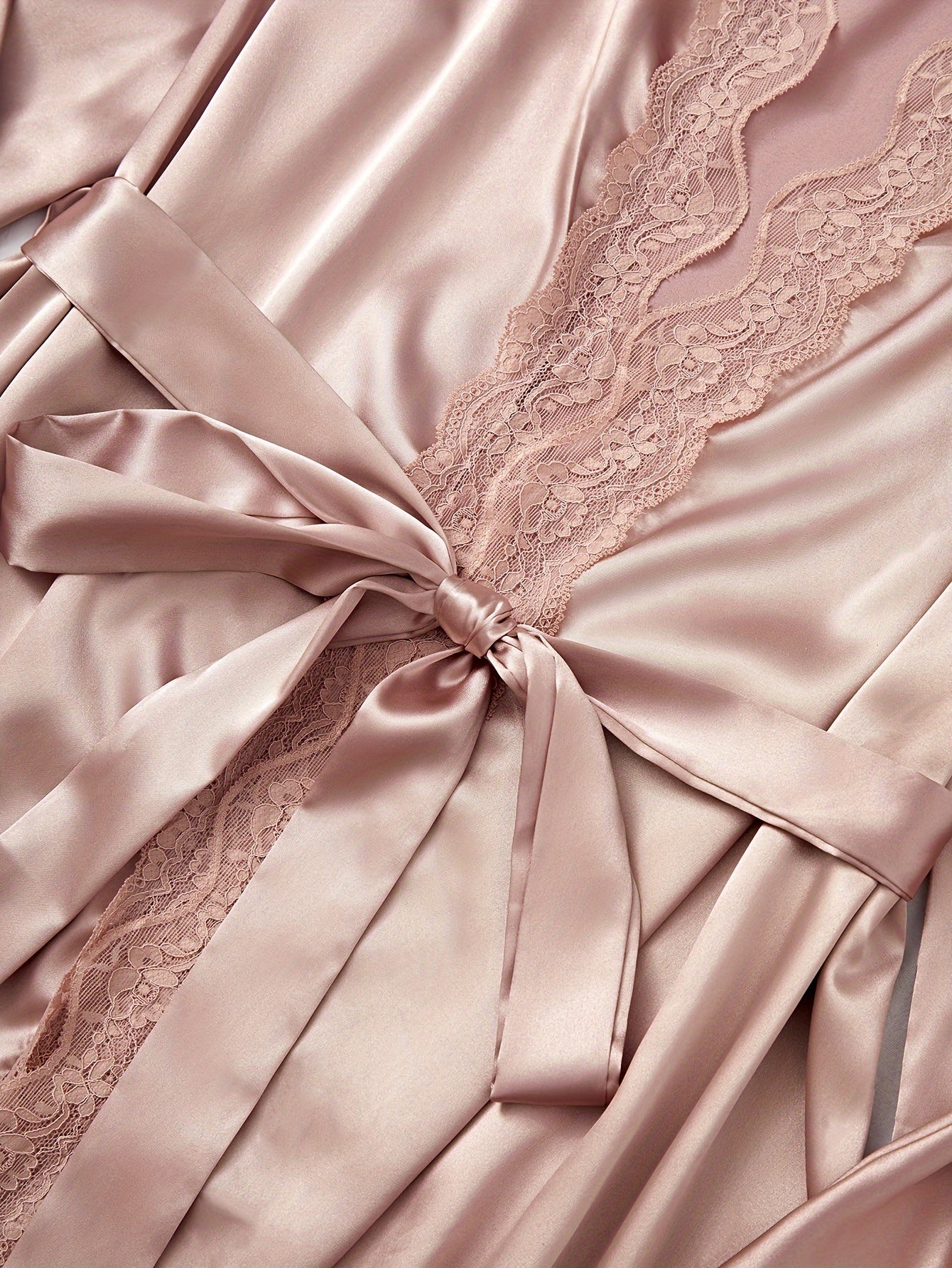 Large Size Ice Silky Fiber Sleepwear Set with Contrast Lace and Split Hem