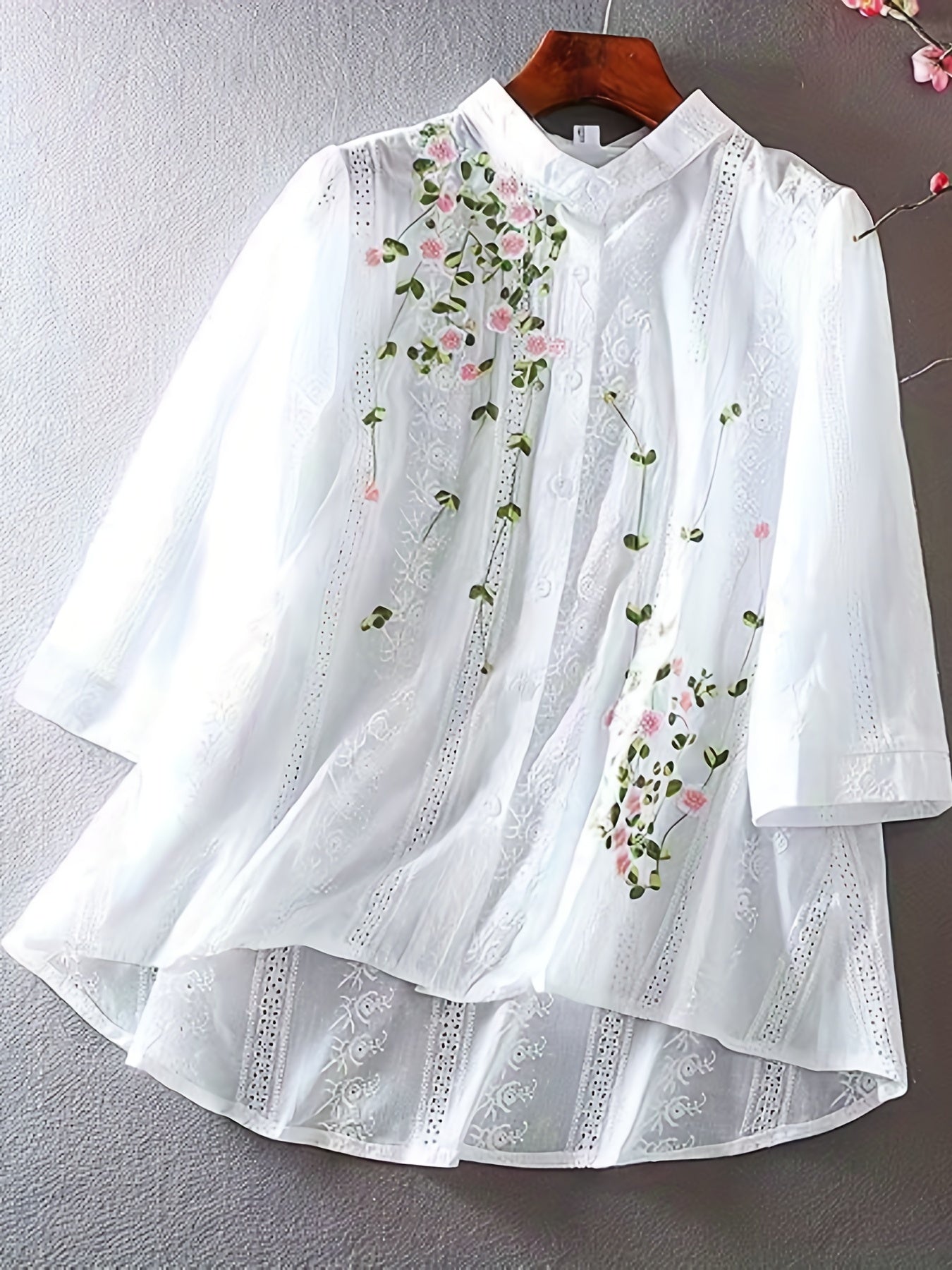 Women's Embroidered Stand Collar Polyester Blouse for Spring Summer Adult Fashion