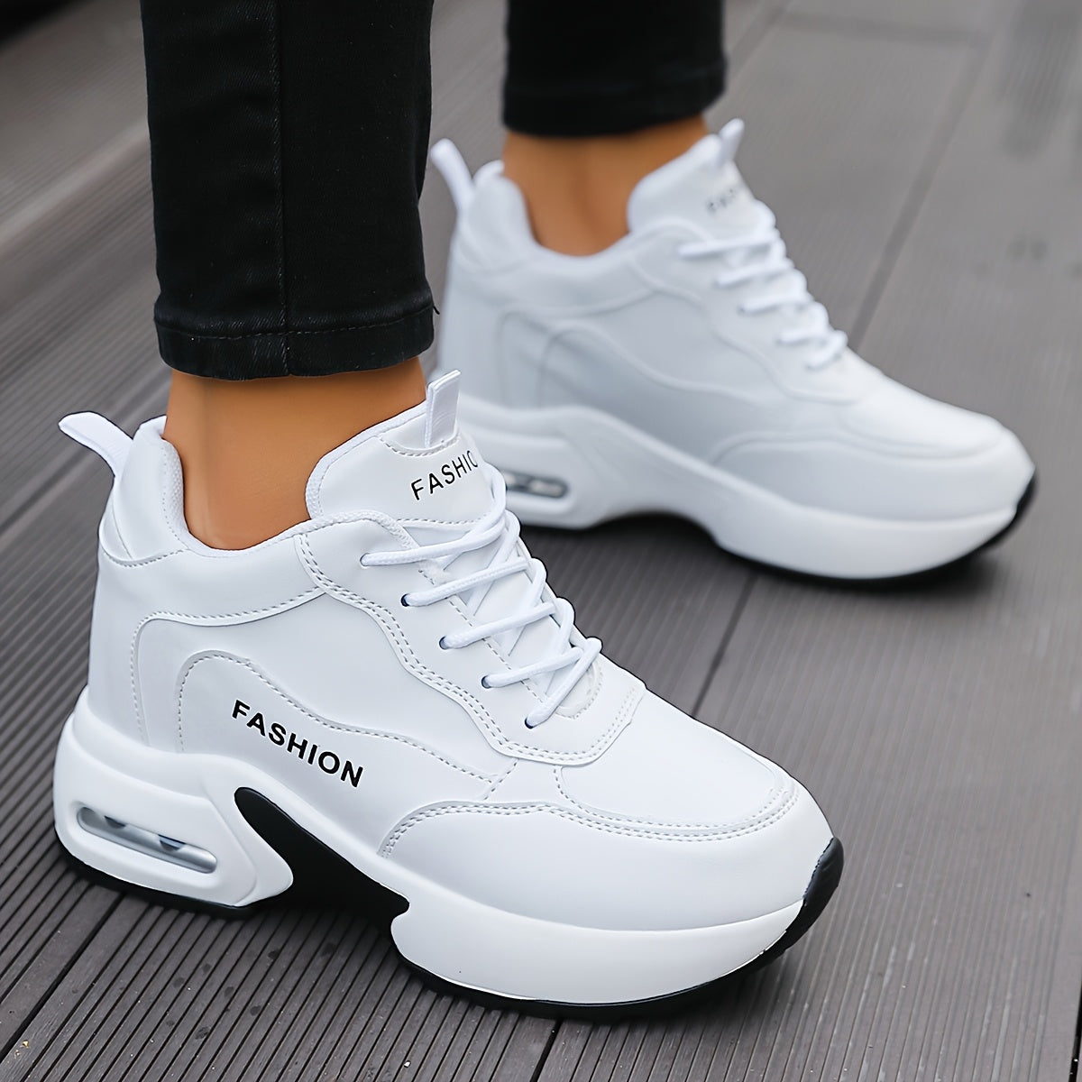 Women's White PU Sneakers Air Cushion Low Top Athletic Shoes